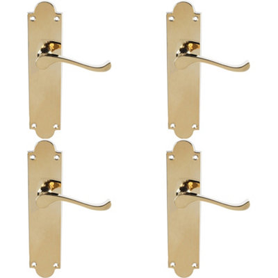 4 PACK - Victorian Internal Latch Door Handle - Polished Brass Lever On Shaped Backplate