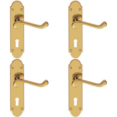 4 PACK - Victorian Latch & Lock Door Handle - Polished Brass Lever On Shaped Backplate