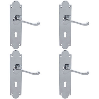 4 PACK - Victorian Latch & Lock Door Handle - Polished Chrome Lever On Shaped Backplate