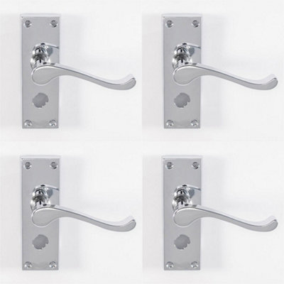 4 PACK - Victorian Scroll Bathroom Latch Door Handle - Polished Chrome Lever on Backplate