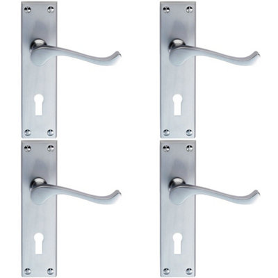 4 PACK - Victorian Scroll Bathroom Latch Door Handle - Satin Chrome Lever on Backplate