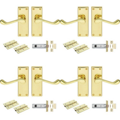 4 PACK - Victorian Scroll Door Handle & Latch Pack Set- Electro Brassed Lever on Plate Kit
