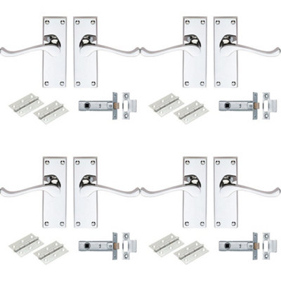 4 PACK - Victorian Scroll Door Handle & Latch Pack Set- Polished Chrome Lever on Plate Kit
