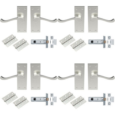 4 PACK - Victorian Scroll Door Handle & Latch Pack Set- Satin Nickel Lever on Plate Kit