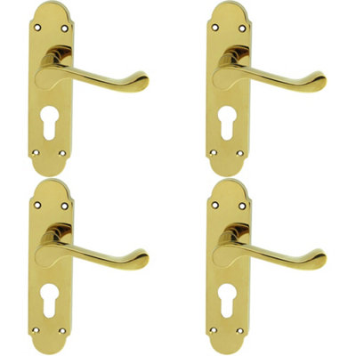 4 PACK - Victorian Scroll Latch & EURO Lock Door Handle Brass PVD Lever Shaped Backplate