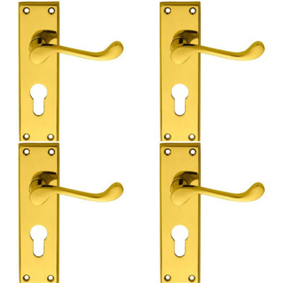 4 PACK - Victorian Scroll Latch & EURO Lock Door Handle Polished Brass Lever on Backplate
