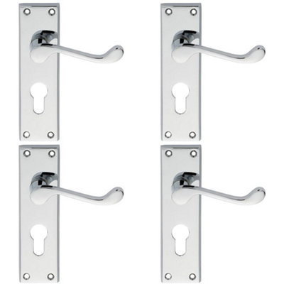 4 PACK - Victorian Scroll Latch & EURO Lock Door Handle Polished Chrome Lever Backplate