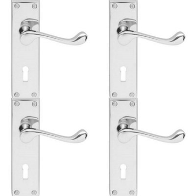 4 PACK - Victorian Scroll Latch & Lock Door Handle - Polished Chrome Lever on Backplate