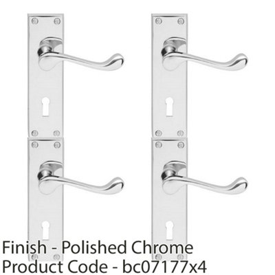 4 PACK - Victorian Scroll Latch & Lock Door Handle - Polished Chrome Lever on Backplate