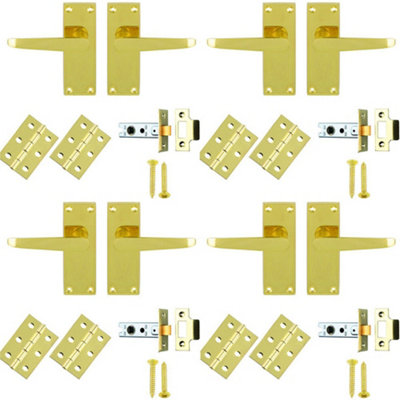 4 PACK - Victorian Straight Door Handle & Latch Pack Set- Electro Brassed Lever on Plate Kit