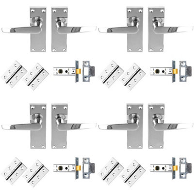4 PACK - Victorian Straight Door Handle & Latch Pack Set- Polished Chrome Lever on Plate Kit