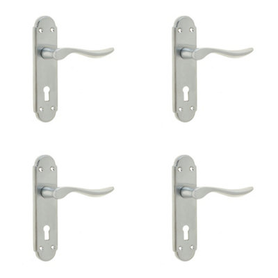 4 PACK Victorian Style Satin Chrome Suite Door Handle with Lockplate - Interior Lever on Backplate
