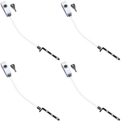 4 PACK - White Window Cable Restrictor Set - Limit Opening - Locking Safety Window Stop