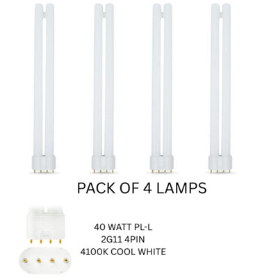 4 PACK X 40 WATT PL-L 4 PIN 2G11 COMPACT FLUORESCENT 4100K COOL WHITE 841 20,000 HOUR AVERAGE LIFE