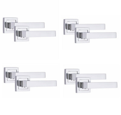 4 Pair Delta Design Door Handles Square Rose Polished Chrome Finish