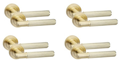 4 Pair Knurled T-Bar Door Handles Satin Brass Finish - Golden Grace