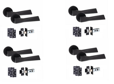 4 Pair Modern Aura Design Matt Black Premium Door Handles Round Rose 3" Ball Bearing Hinges and 2.5" Tubular Latch - Golden Grace