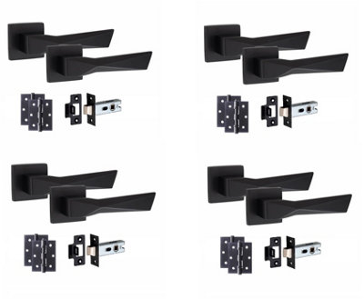 4 Pair Modern Aura Design Matt Black Premium Door Handles Square Rose 3" Ball Bearing Hinges and 2.5" Tubular Latch - Golden Grace