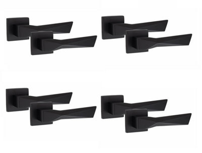 4 Pair Modern Aura Design Matt Black Premium Door Handles Square Rose - Golden Grace