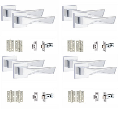 4 Pair Modern Aura Design Polished Chrome Premium Door Handles Square Rose 3" Ball Bearing Hinges and Tubular Latch - Golden Grace