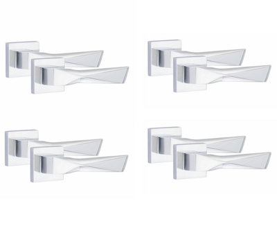 4 Pair Modern Aura Design Polished Chrome Premium Door Handles Square Rose - Golden Grace