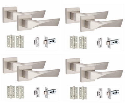 4 Pair Modern Aura Design Satin Nickel Premium Door Handles Square Rose 3" Ball Bearing Hinges and Tubular Latch - Golden Grace