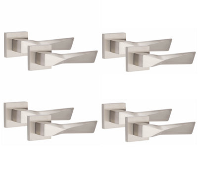 4 Pair Modern Aura Design Satin Nickel Premium Door Handles Square Rose - Golden Grace