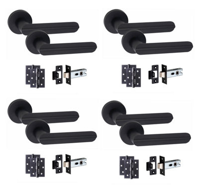 4 Pair Modern Lima Design Matt Black Premium Door Handles Round Rose 3" Ball Bearing Hinges and 2.5" Tubular Latch - Golden Grace