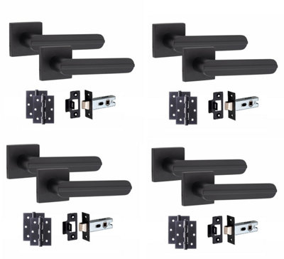 4 Pair Modern Lima Design Matt Black Premium Door Handles Square Rose 3" Ball Bearing Hinges and 2.5" Tubular Latch - Golden Grace Price Comparisons | Compare The Build