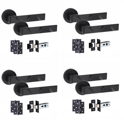 4 Pair Modern Nova Design Matt Black Premium Door Handles Round Rose 3" Ball Bearing Hinges and 2.5" Tubular Latch - Golden Grace