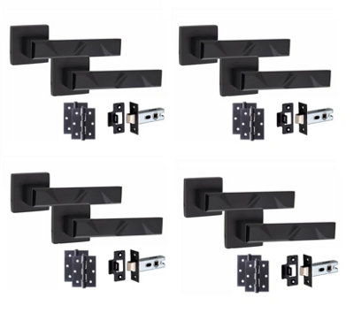 4 Pair Modern Nova Design Matt Black Premium Door Handles Square Rose 3" Ball Bearing Hinges and 2.5" Tubular Latch - Golden Grace Price Comparisons | Compare The Build