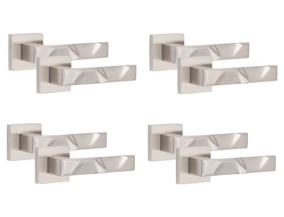 4 Pair Modern Nova Design Satin Nickel Premium Door Handles Square Rose - Golden Grace