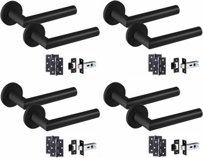 4 Pair of Mitred Design Door Handle On Round Rose Latch Door Handles 2.5" Latch,Ball Bearing Hinges Matt Black Finish Price Comparisons | Compare The Build