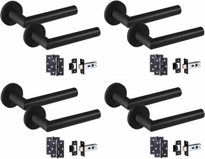 4 Pair of Mitred Design Door Handle On Round Rose Latch Door Handles 2.5" Latch,Ball Bearing Hinges Matt Black Finish