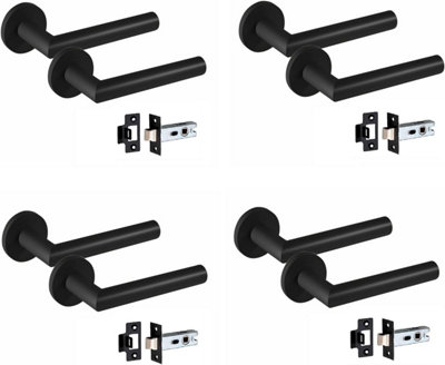 4 Pair of Mitred Design Door Handle On Round Rose Latch Door Handles 2.5" Latch Matt Black Finish - Golden Grace Price Comparisons | Compare The Build
