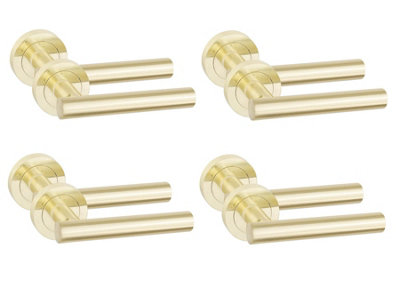 4 Pair Straight T-Bar Design Door Handles Satin Brass Finish - Golden Grace