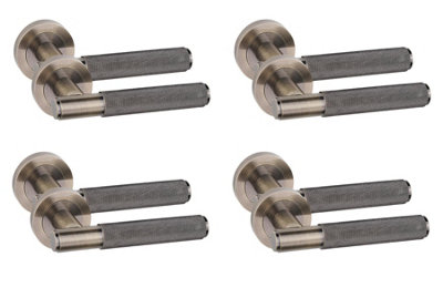 4 Pair Straight T-Bar Knurled Door Handles Antique Brass Finish - Golden Grace
