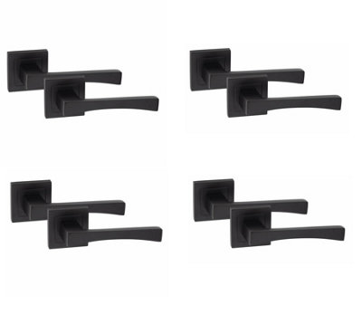 4 Pair Wave Design Door Handles Square Rose Matt Black Finish