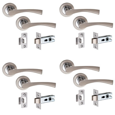 4 Pairs of Golden Grace Astrid Door Handle On Round Rose, 2.5" Tubular Latch, Dual Finish, Satin Nickel/Polished Chrome