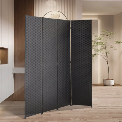 4 Panel Black Folding Room Divider Privacy Screen Rattan Effect Room ...