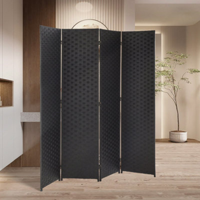 4 Panel Black Folding Room Divider Privacy Screen Rattan Effect Room ...