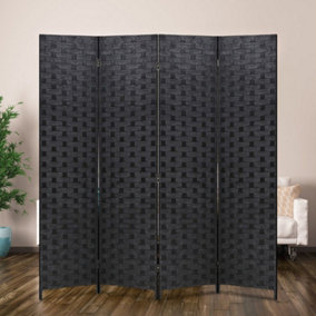 4 Panel Black Folding Room Divider Privacy Screen Rattan Effect Room Partition