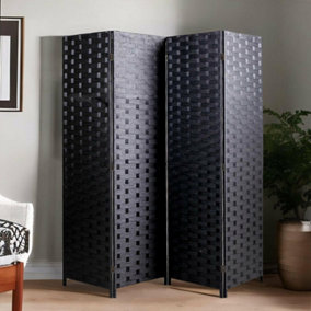 4 Panel Black Room Divider Privacy Screen Rattan Effect Folding Room Partition