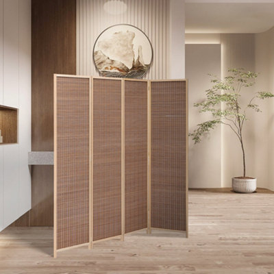 4 Panel Brown Folding Room Divider Indoor Privacy Screen Room Partition 200cm W x 180cm H