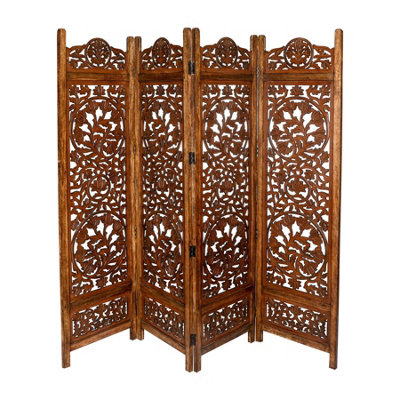 4 Panel Carved Room Divider Wooden Folding Screen Lotus 180 x 50 cm per panel, wide open 200 cm