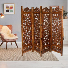 4 Panel Carved Room Divider  Wooden Folding Screen Lotus 180 x 50 cm per panel, wide open 200 cm Light Brown