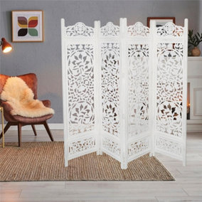 4 Panel Carved Room Divider  Wooden Folding Screen Lotus 180 x 50 cm per panel, wide open 200 cm White