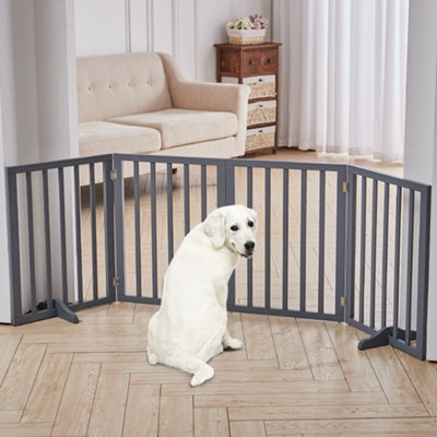 4-Panel Grey Wooden Folding Pet Playpen Freestanding Pet Gate with Fixed Bracket 60.5cm H