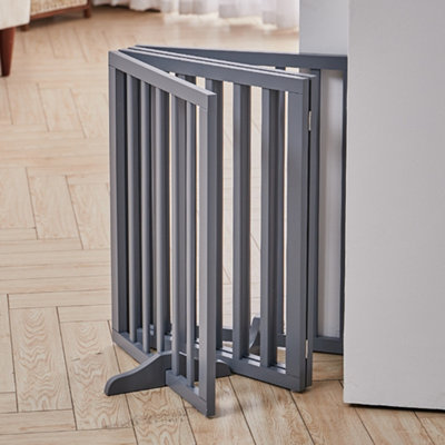 4-Panel Grey Wooden Folding Pet Playpen Freestanding Pet Gate with Fixed Bracket 60.5cm H