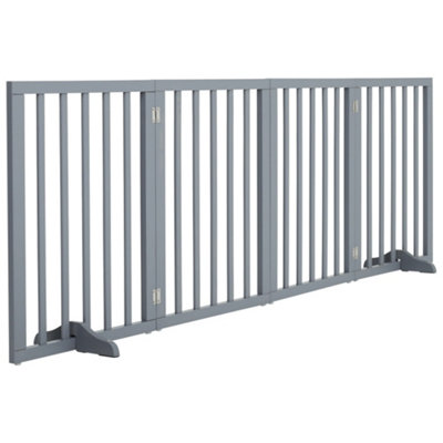 4-Panel Grey Wooden Folding Pet Playpen Freestanding Pet Gate with Fixed Bracket 60.5cm H - 3